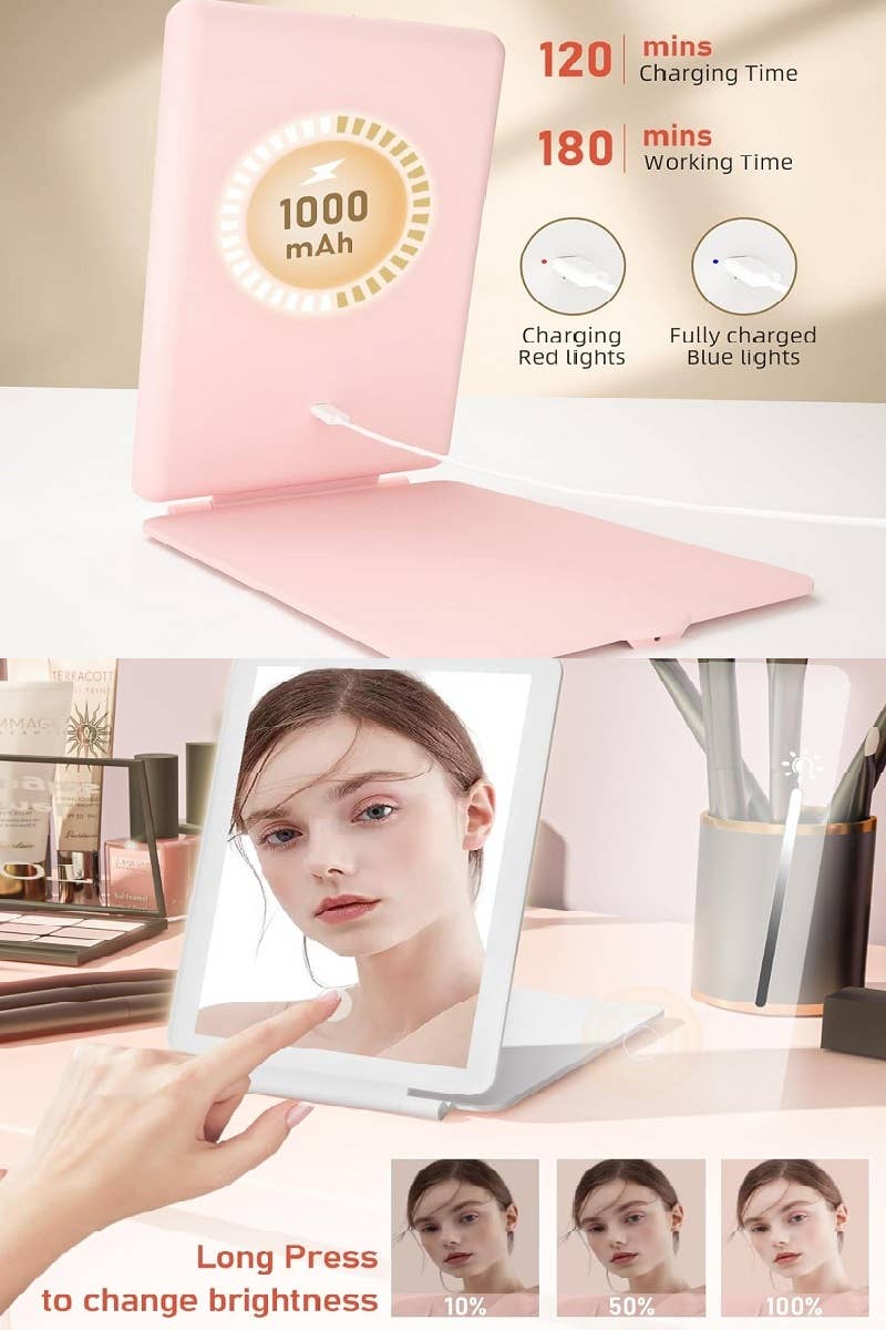 Rechargeable LED Travel Makeup Mirror | Portable Folding Vanity Mirror with Touch Dimmable Lights