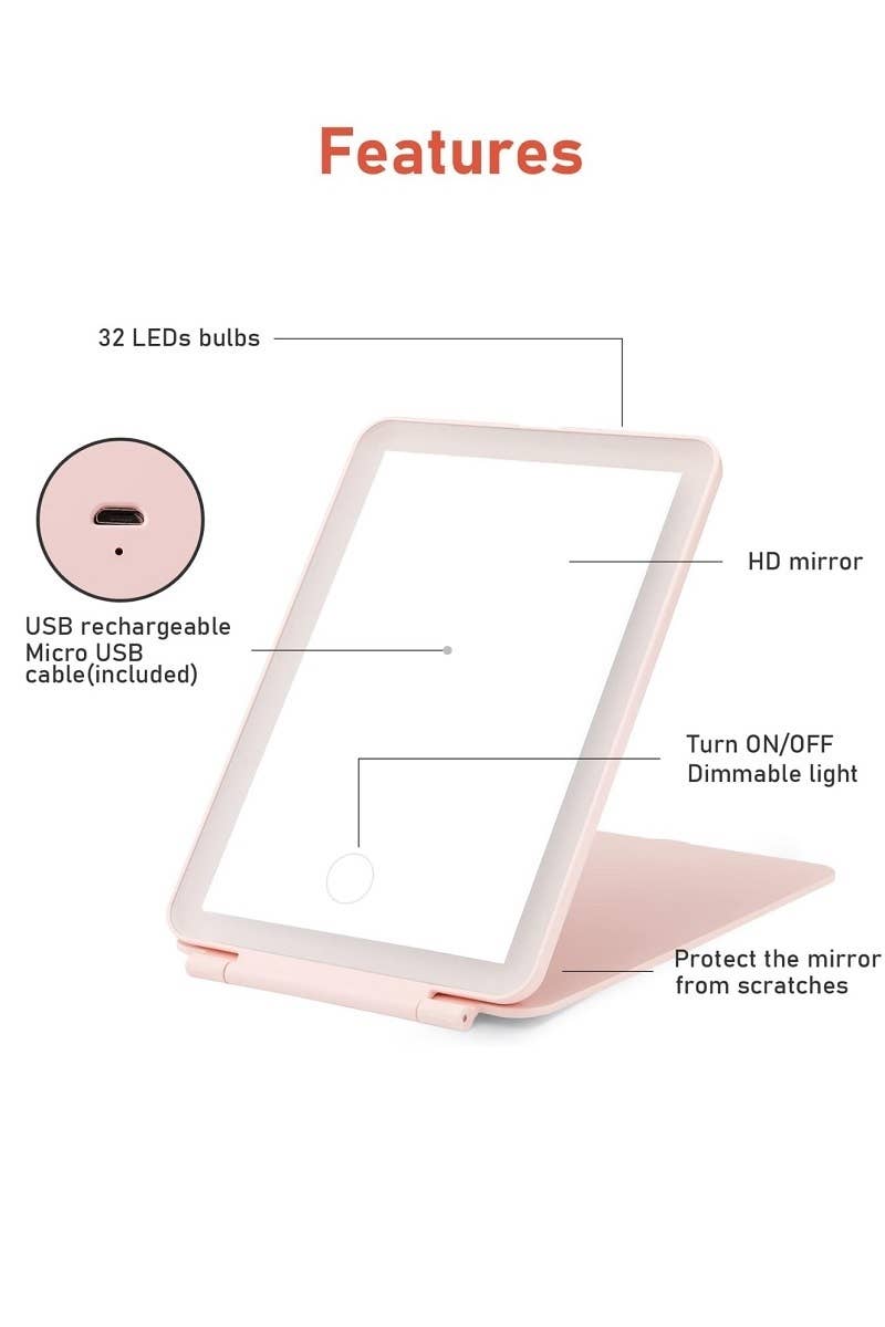Rechargeable LED Travel Makeup Mirror | Portable Folding Vanity Mirror with Touch Dimmable Lights