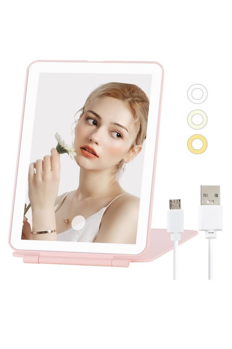 Rechargeable LED Travel Makeup Mirror | Portable Folding Vanity Mirror with Touch Dimmable Lights