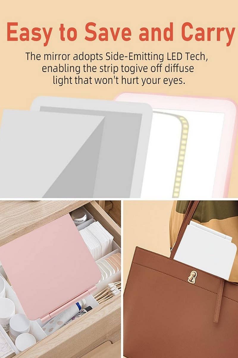 Rechargeable LED Travel Makeup Mirror | Portable Folding Vanity Mirror with Touch Dimmable Lights