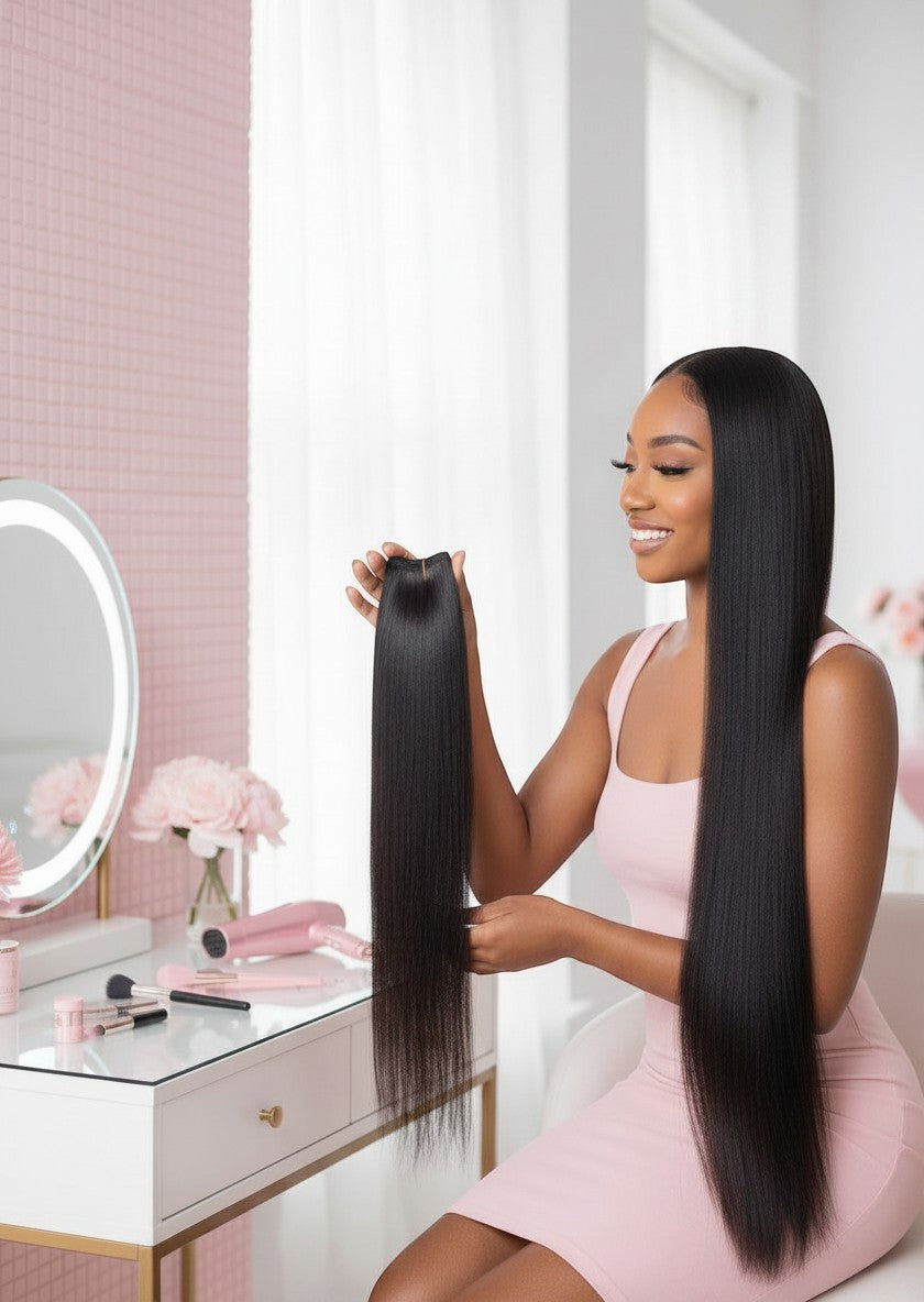 Beauté La Muse model holding long, sleek black seamless human hair clip-in extensions in a bright vanity room.