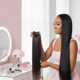 Beauté La Muse model holding long, sleek black seamless human hair clip-in extensions in a bright vanity room.