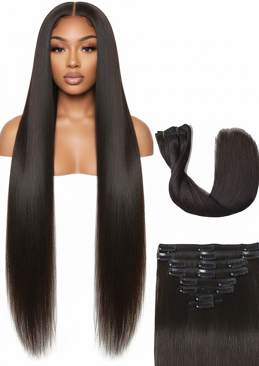 Beauté La Muse black seamless human hair clip-in extensions worn by a model with long, straight, sleek hair.