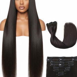 Beauté La Muse black seamless human hair clip-in extensions worn by a model with long, straight, sleek hair.