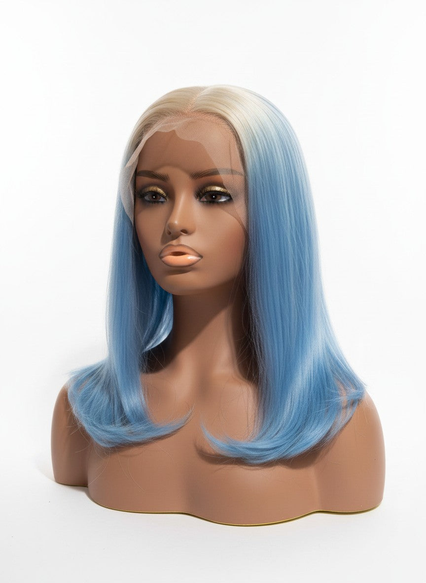 Beauté La Muse blonde and blue ombre human hair wig on a mannequin head with a natural lace front finish