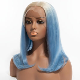 Beauté La Muse blonde and blue ombre human hair wig on a mannequin head with a natural lace front finish