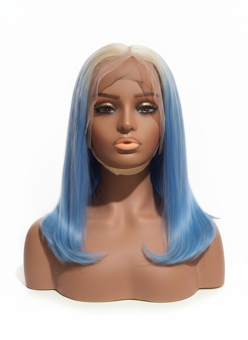 Beauté La Muse blonde and blue ombre human hair lace front wig on a mannequin head with a sleek straight style