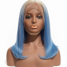 Beauté La Muse blonde and blue ombre human hair lace front wig on a mannequin head with a sleek straight style