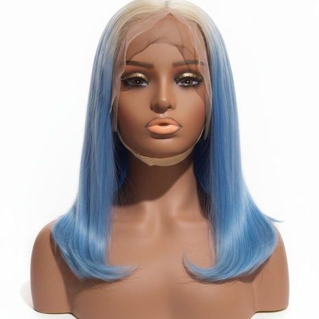 Beauté La Muse blonde and blue ombre human hair lace front wig on a mannequin head with a sleek straight style