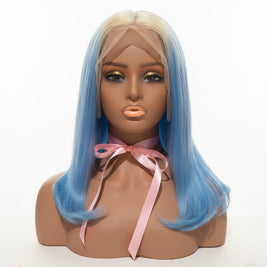 Beauté La Muse blonde and blue ombre human hair wig on a mannequin head with a pink ribbon choker