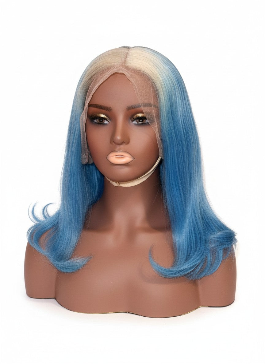 Beauté La Muse blonde and blue ombre human hair lace front wig on a mannequin head