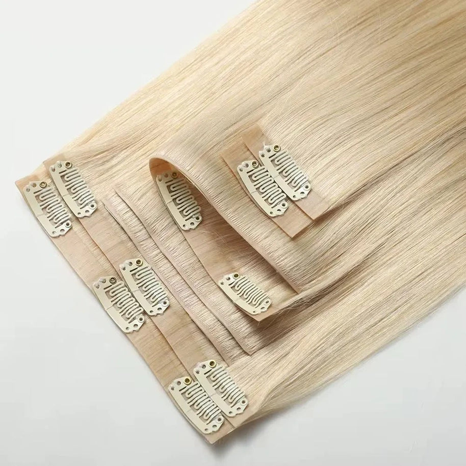 Beauté La Muse 613 blonde seamless human hair clip-in extensions with flat lightweight wefts for natural volume