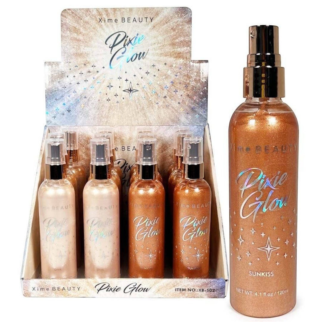Beauté La Muse Pixie Glow body spray collection featuring 2 shimmering tones of hydrating mist bottles for radiant skin.