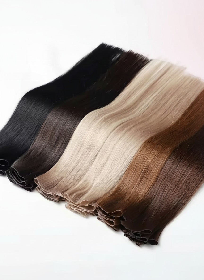 Beauté La Muse seamless clip-in hair extensions in various shades including 613 blonde and brunette human hair wefts.