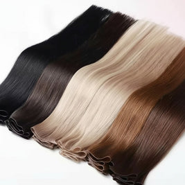 Beauté La Muse seamless clip-in hair extensions in various shades including 613 blonde and brunette human hair wefts.