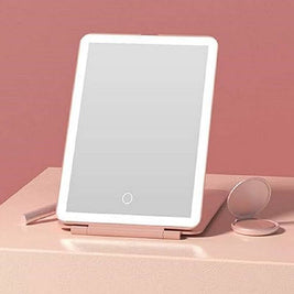 Rechargeable LED Travel Makeup Mirror | Portable Folding Vanity Mirror with Touch Dimmable Lights