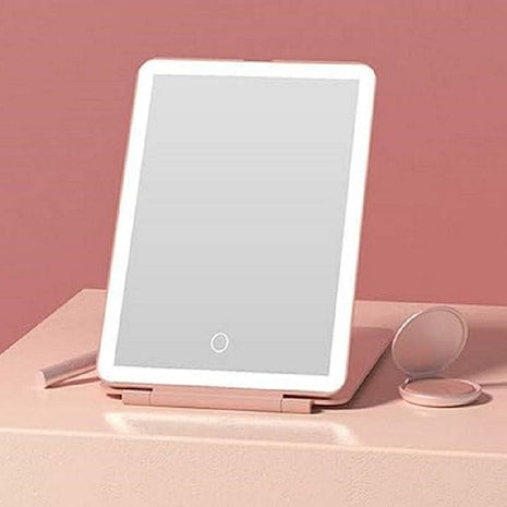 Rechargeable LED Travel Makeup Mirror | Portable Folding Vanity Mirror with Touch Dimmable Lights