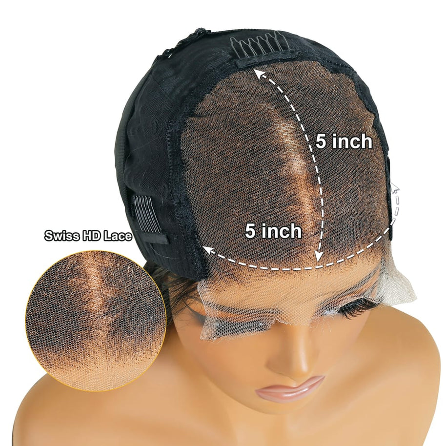 Wig cap with lace front design on a mannequin head, showing '5 inch' and 'Swiss HD Lace' labels.